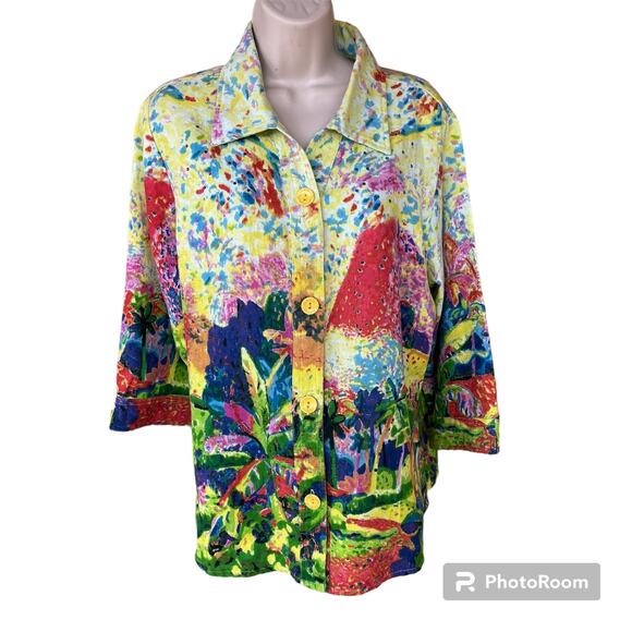 Michael Leu Woven Button Front Top Artsy Tropical Print 3/4 Sleeve Womens XL - Picture 1 of 11